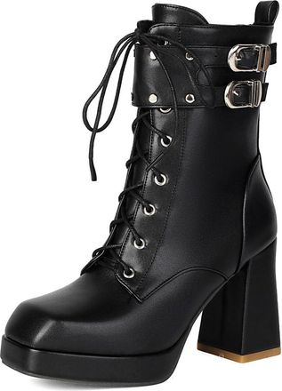 Generic Womens Block High Heel Platform Boots Square Toe Punk Boots with Buckle Patent Leather Short Boot with Zipper,Black2,2.5 UK