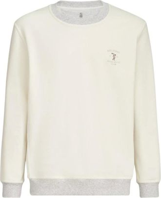 Brunello Cucinelli Logo Katoenen Sweater - Heren - Sweatshirts & Hoodies - Wit - Maat: S Katoen