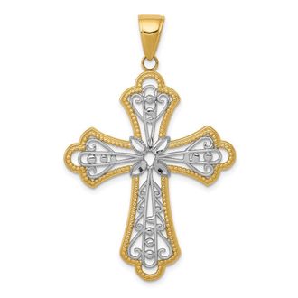 Diamond2Deal 14k Yellow Gold Rhodium Diamond-cut Filigree Cut-out Cross Pendant