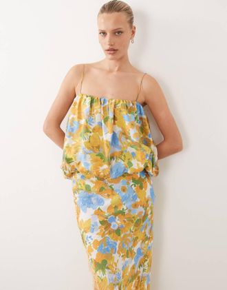 Asos Vestito midi giallo a fiori con top a palloncino e applicazioni in pizzo-Multi