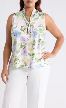 Kasper Sleeveless Matte Satin Top in Lily White Multi at Nordstrom, Size 1X