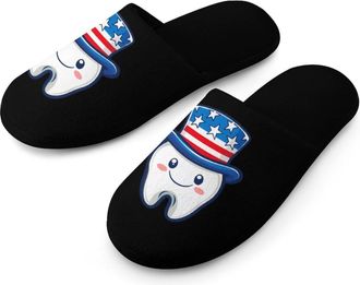 Generic 4th Of July U.S. Tooth Warm Mens Slippers Slip On Soft Fleece House Shoes Winter Indoor Outdoor