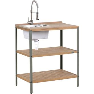 Beliani Isla De Cocina Exterior De Madera De Acacia Con Fregadero Y 2 Estantes 50 X 80 X 92 Cm Encimera De Madera Maciza Marr&oacute;n Ivrea