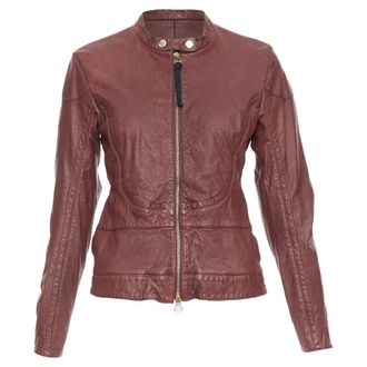 Marni 2012 burgundy crinkled lamb leather wool lining moto biker jacket IT42 M