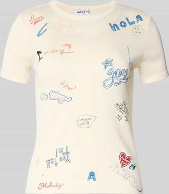 Jake*s Casual T-Shirt im Allover-Look mit Rundhalsausschnitt in Ecru, Gr&ouml;&szlig;e XXL