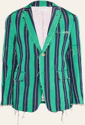 Thom Browne Mens Raw-Edge School Stripe Silk & Cotton Sport Coat