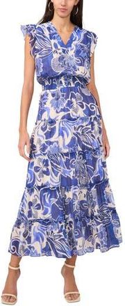 Halogen Ruffle Sleeve Smocked Waist Tiered Maxi Dress in Amparo Blue at Nordstrom Rack, Size X-Small