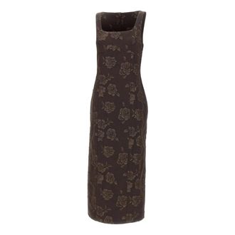Rotate Jacquard Midi Jurk - Dames - Casual kleedjes - Bruin - L - Polyester - Kleedjes