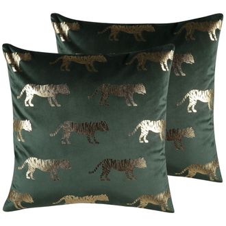 Beliani Beliani - Conjunto De Cojines Decorativos De Terciopelo Verde Estampado Animal L&aacute;mina 45 X 45 Cm Motivo De Tigre Decoraci&oacute;n Glamour Bluebell