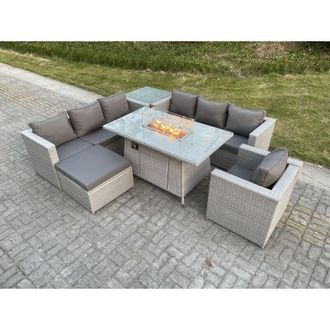 Fimous Light Grey Rattan Fire Pit Garden Furniture Set Gas Heater Burner Lounge Sofa With Side Coffee Table Big Footstool Chair - Fimous