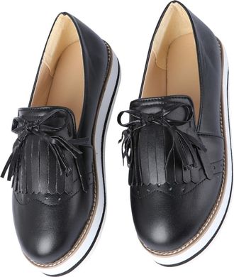 Frcolor Women Tassel Round Toe Muffin Shoes PU Casual Nude Single Slugged Bottom Thick Sole Footwear for Spring Autumn