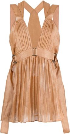 Alberta Ferretti pleated V-neck sleeveless blouse - women - Silk/Linen/Flax - 42 - Brown