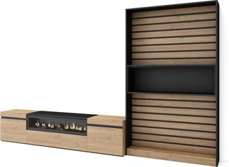 Skraut Home Skraut Home - Muebles De Sal&oacute;n Para Tv, Conjunto De Muebles Comedor, 310x186x35cm, Para Tv Hasta 80, Chimenea El&eacute;ctrica, Estilo Moderno, Roble Y Negro