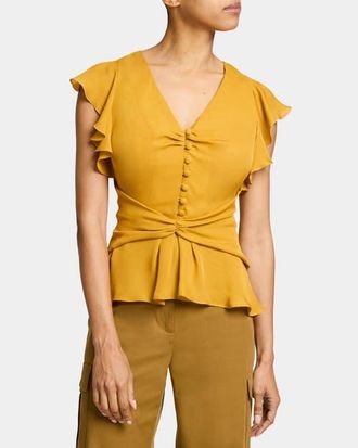 Santorelli ELLA Flutter Sleeve Buttoned Blouse with Waist Panel in Silk Georgette in Mango at Nordstrom, Size 4