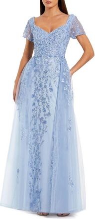 Mac Duggal Beaded Embroidered Overskirt Cap Sleeve Gown in Powder Blue at Nordstrom, Size 12