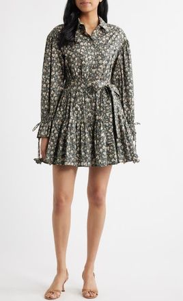 En Saison Floral Print Long Sleeve Cotton Shirtdress in Dark Green Natural at Nordstrom, Size X-Small
