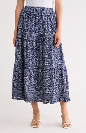 Max Studio Floral Wreath Print Tiered Cotton Blend Maxi Skirt in Navy Vintage Stencil at Nordstrom Rack, Size X-Small