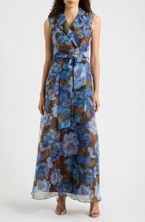 Julia Jordan Tie Waist Maxi Dress in Brown Blue at Nordstrom, Size 12