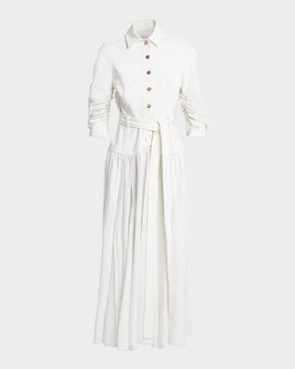 Gabriela Hearst Delyth Ruched-Sleeve Belted Midi Shirtdress