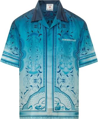 Casablanca Cuban Collar SS Shirt - Heren - Korte mouwen Overhemden - Blauw - XL - Overhemden