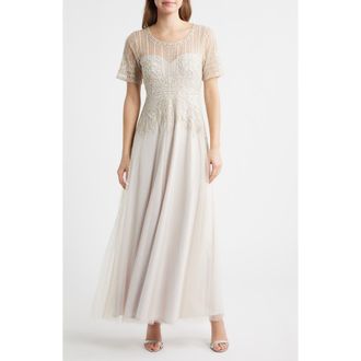 Pisarro Nights Bead Embellished Evening Gown in Champagne at Nordstrom, Size 16