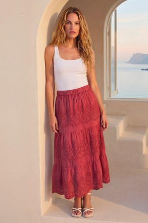 Roman Broderie Elastic Waist A Line Tiered Midi Skirt