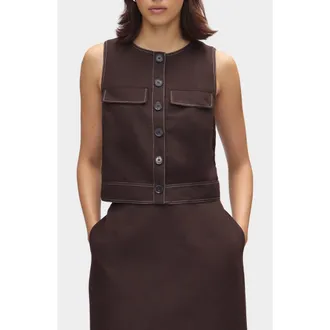 Aligne Summer Linen & Organic Cotton Blend Button-Up Crop Top in Chocolate at Nordstrom, Size 14