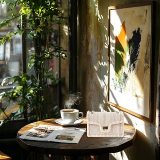 Generic Straw Shoulder - Bag for Women, Faux Pearl Purse Multi-Functional Casual Wear Organizer with Zipper for Mother Wife Girlfriend Friends Sisters Teacher