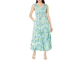 Maggy London Floral Print Maxi with Shoulder Gather Dress Womens Dress Soft White/Aqua : 10, Polyester
