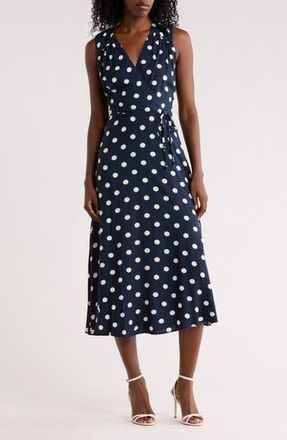Calvin Klein Polka Dot Sleeveless Faux Wrap Maxi Dress in Indigo/Cream at Nordstrom Rack, Size 12