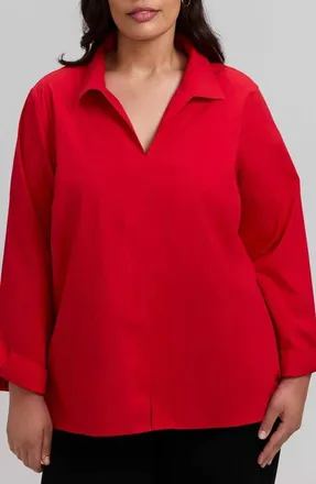 Foxcroft Agnes Non-Iron Smocked Cuff Blouse in Simply Red at Nordstrom, Size 1X