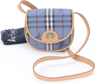 Burberry Blue Brown Leather Coated Canvas Handbag Shoulder Bag Tote Bag (Pre-Owned)