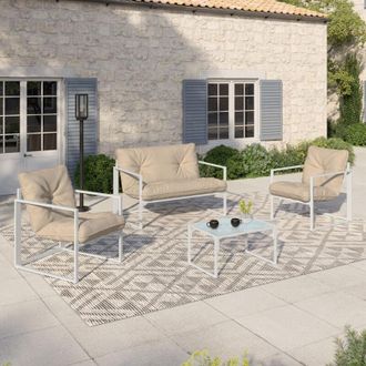 IDMarket Nairobi Conjunto De Muebles Bajos De Jard&iacute;n De 4 Plazas De Acero Blanco Con Cojines Beige