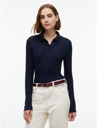 Tommy Hilfiger Womens Slim Fit Rib-Knit Polo - Navy Blue - XL