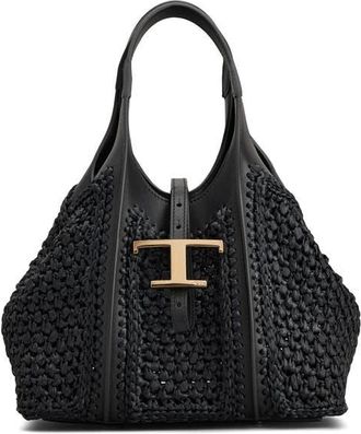 Tod's Mini T Timeless Crochet Raffia & Leather Shopping Bag in Nero at Nordstrom