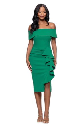 Betsy & Adam Off-The-Shoulder Ruffled Detail Midi Dress In Green