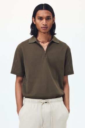 H&M Regular Fit Hole-knit Polo Shirt in Dark Khaki Green at Nordstrom, Size Xx-Large