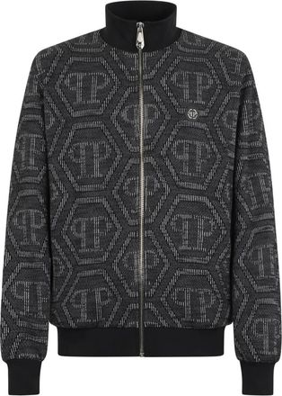 Philipp Plein Jacquard Tracksuit Jacket Monogram - Heren - Vesten met rits - Zwart - S - Katoen - Hoodies & sweatvesten