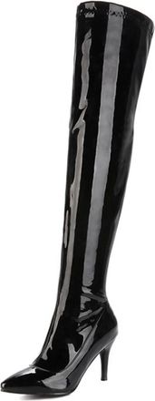 Generic Black,4.5 UK,Womens Kitten Heel Thigh High Boots Patent Leather PU Pointy Toe Stiletto Heels Side Zippe Over The Knee Boot Party Dress Shoes