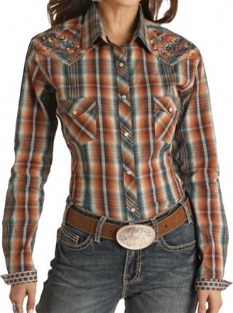 Panhandle Long Sleeve Button Up Top In Rust Plaid