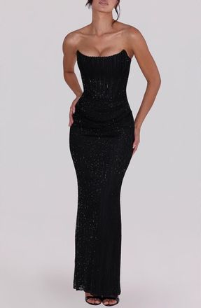 House of CB Alicia Hand Beaded Strapless Mermaid Gown in Black at Nordstrom, Size X-Large