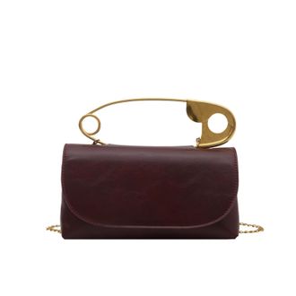 Generic Womens Evening Clutch Purse with Gold Safety Pin Handle, Crossbody Bag with Chain Strap, Red Leather Small Handbag