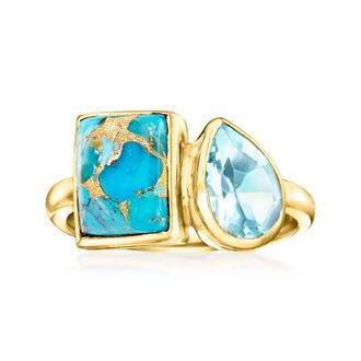 Ross-Simons Turquoise and Sky Blue Topaz Toi Et Moi Ring in 18kt Gold Over Sterling