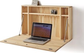 HOGAR 24 Hogar24 - Max - Escritorio Flotante Madera Maciza Con Puerta Abatible, Combinado Color Blanco Y Encerado. Medidas: 90 X 54 X 17 Cm