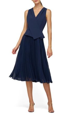 Kay Unger Orella Pleated Mixed Media Cocktail Dress in Dark Midnight at Nordstrom, Size 16