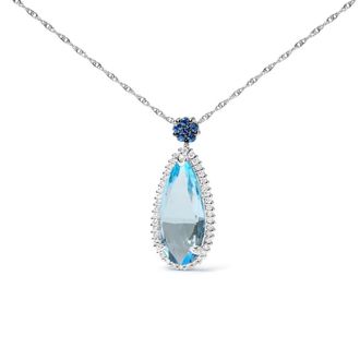 House of Brilliance 18K White Gold 3/8 Cttw Pave Set Diamond and Sky Blue Topaz and Blue Sapphire Gemstone Floral Teardrop Halo 18 Pendant Necklace
