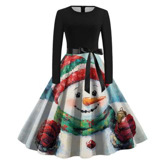 Generic Women 1950s Vintage Christmas Dress Christmas Print Long Sleeve O Neck Evening Party Prom Party Beach Evening Swing Print Dress Sexy Sleeveless A line