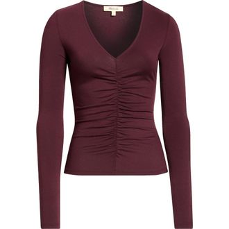 Madewell Shirred V-Neck Long Sleeve Top in Dark Pomegranate at Nordstrom, Size Xx-Small