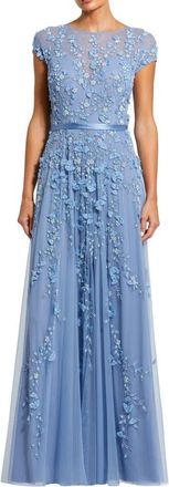 Mac Duggal Petite Floral Embellished Cap Sleeve Gown in Sky Blue at Nordstrom, Size 12P