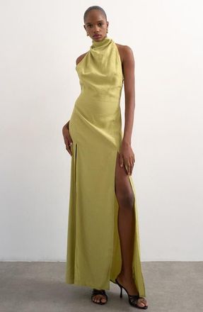 Topshop Halter Funnel Neck Open Back Maxi Dress in Lime at Nordstrom, Size 14 Us